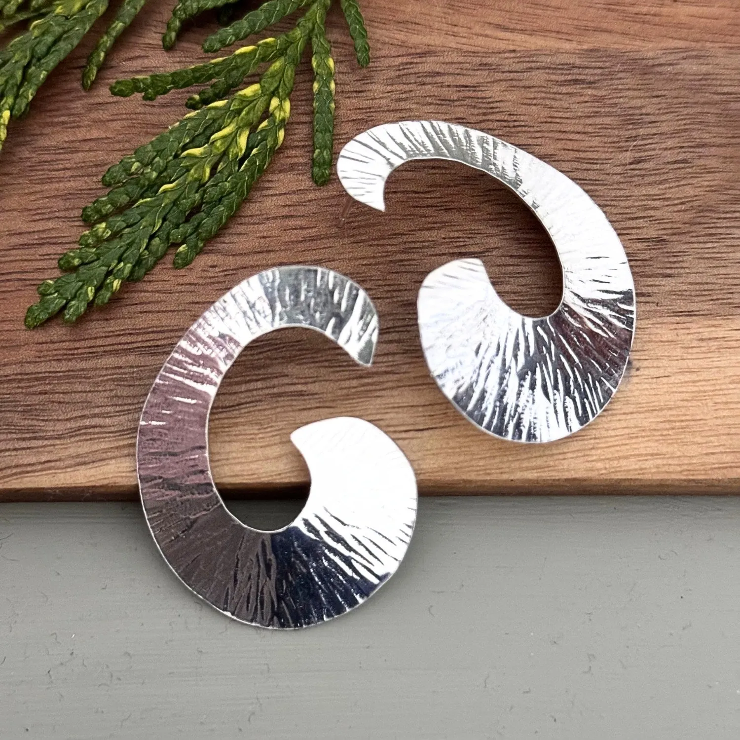 Nisha Statement Silver Swirl Earrings, Large Hammered Earrings