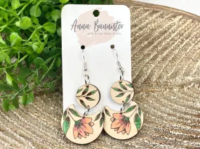 Orange Flower Double Circle Wood Earring Birch