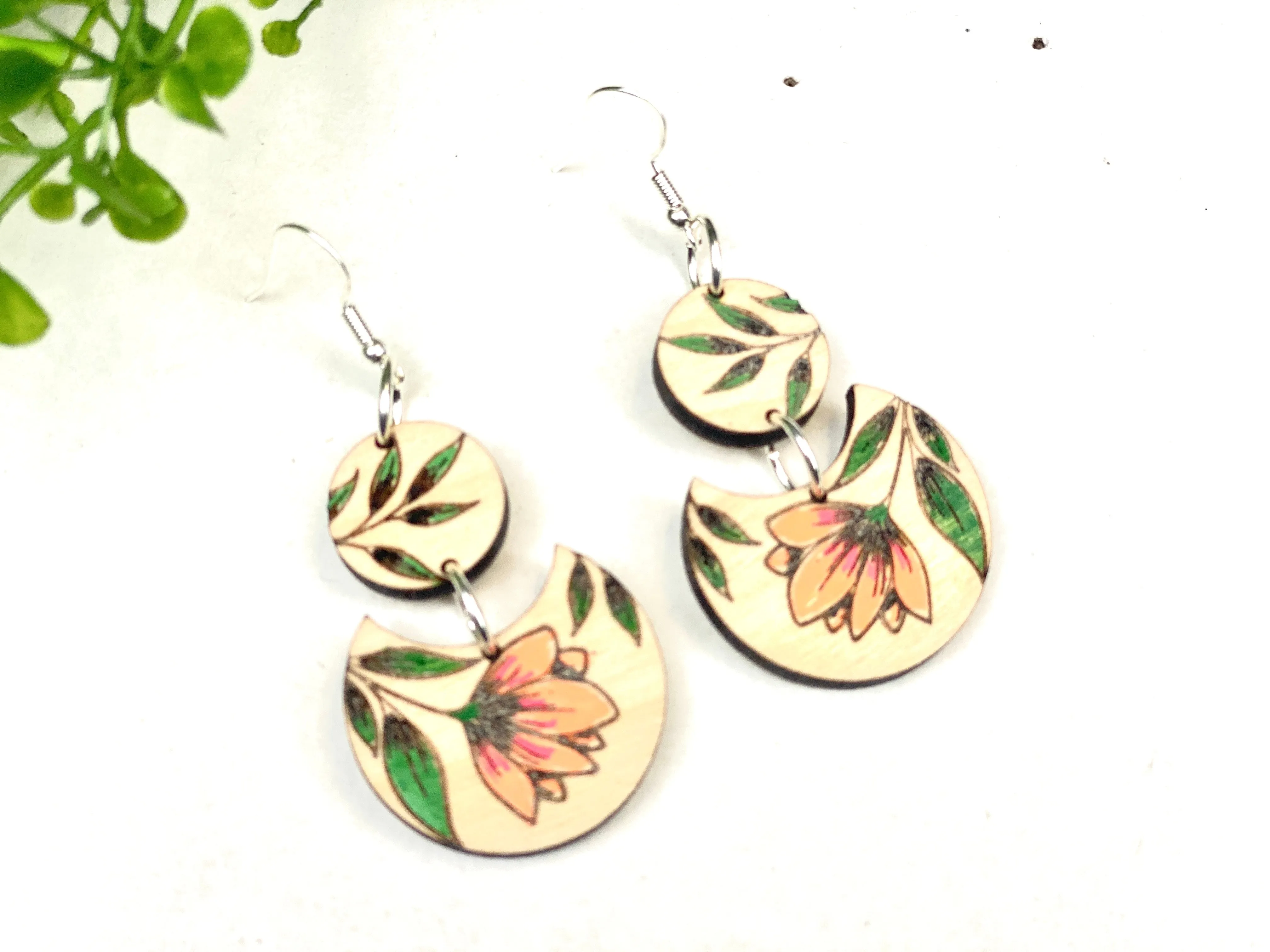 Orange Flower Double Circle Wood Earring Birch