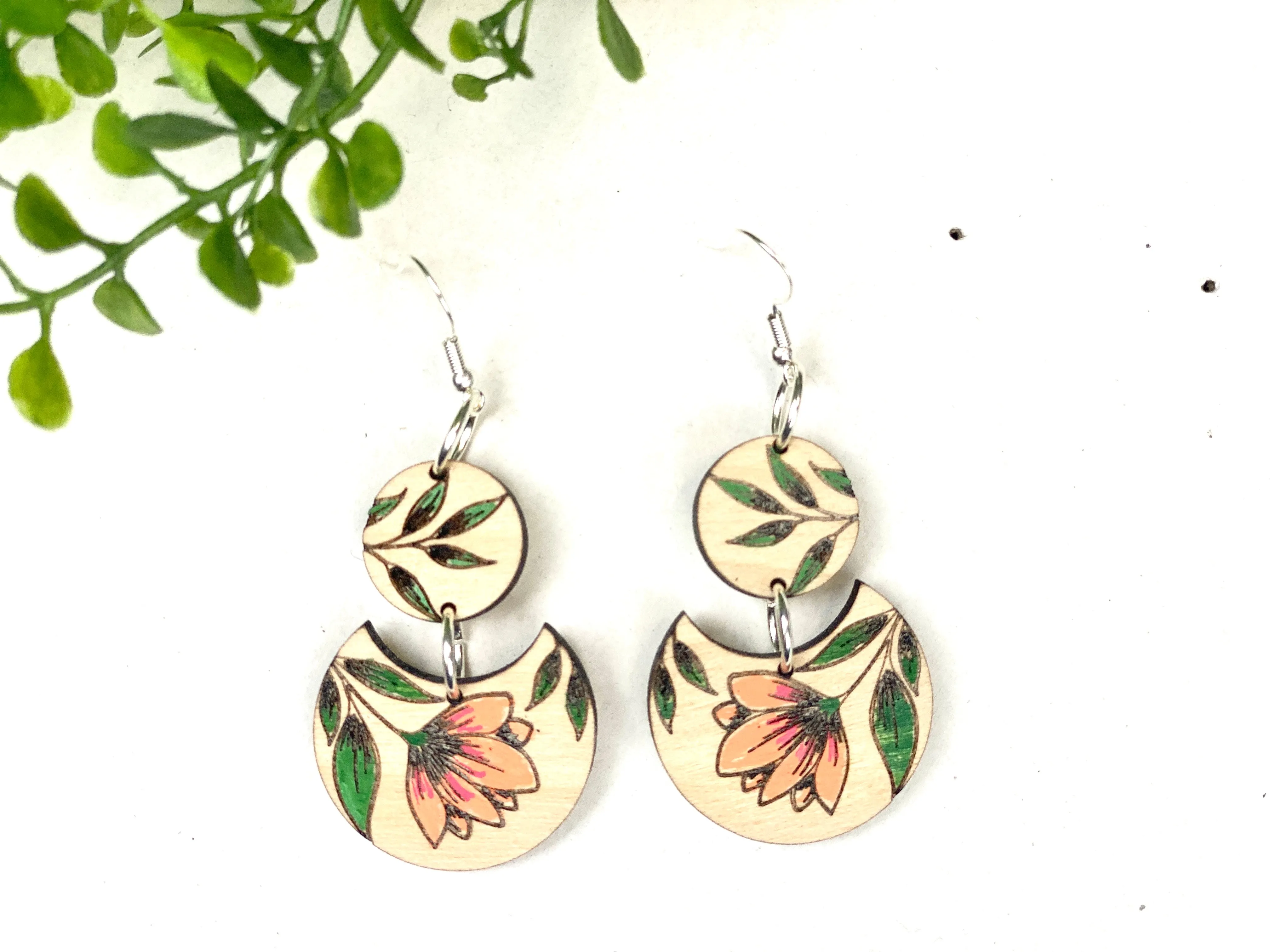 Orange Flower Double Circle Wood Earring Birch