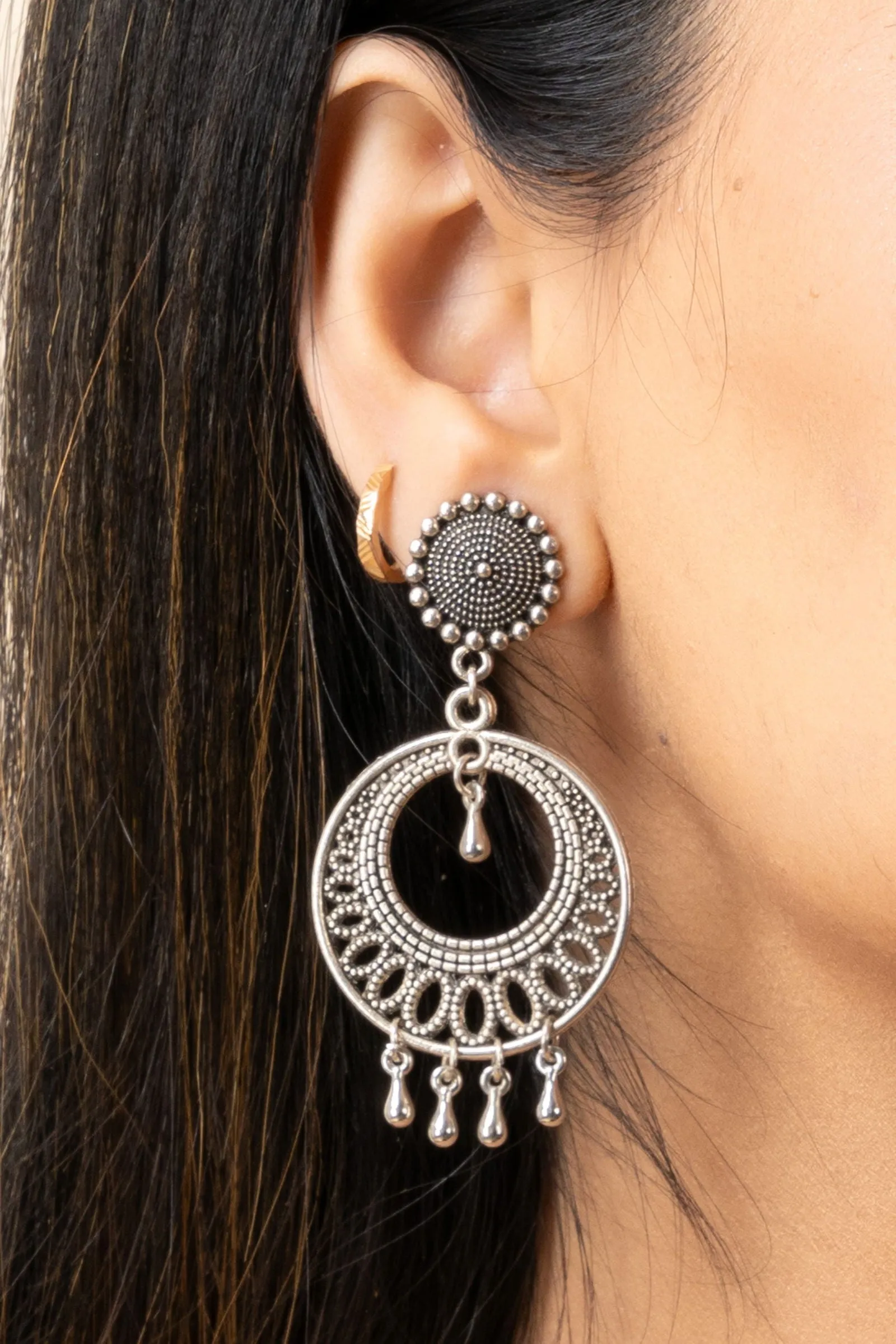 Oxidized German Silver Chandbali Stud Earrings with Intricate Antique Finish for Traditional Elegance