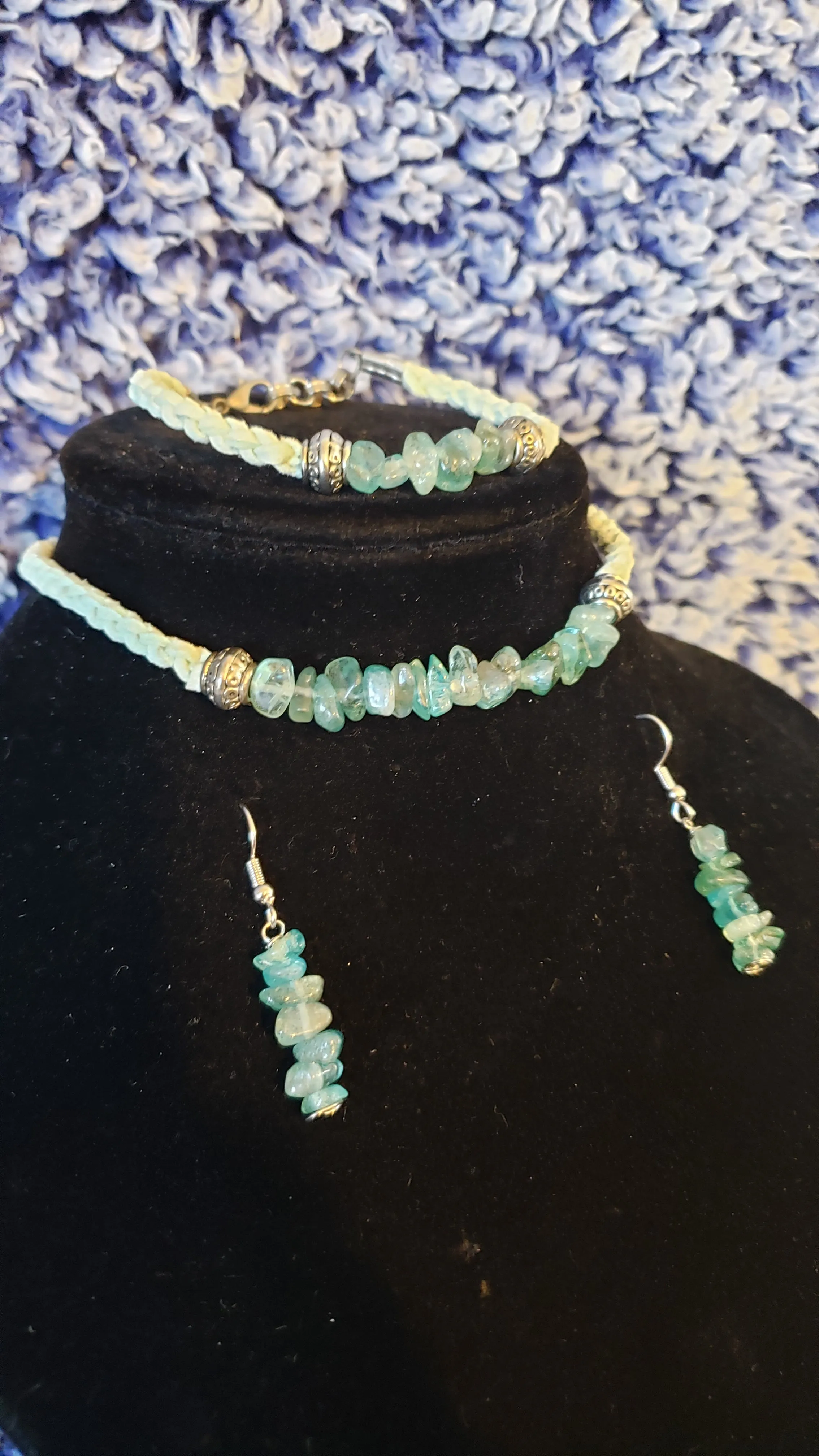 Paraiba (Neon) Apatite Gemstone & Genuine Blue Leather Set. Choker, Bracelet & Earrings. Fully adjustable with Lobster Claw Clasps