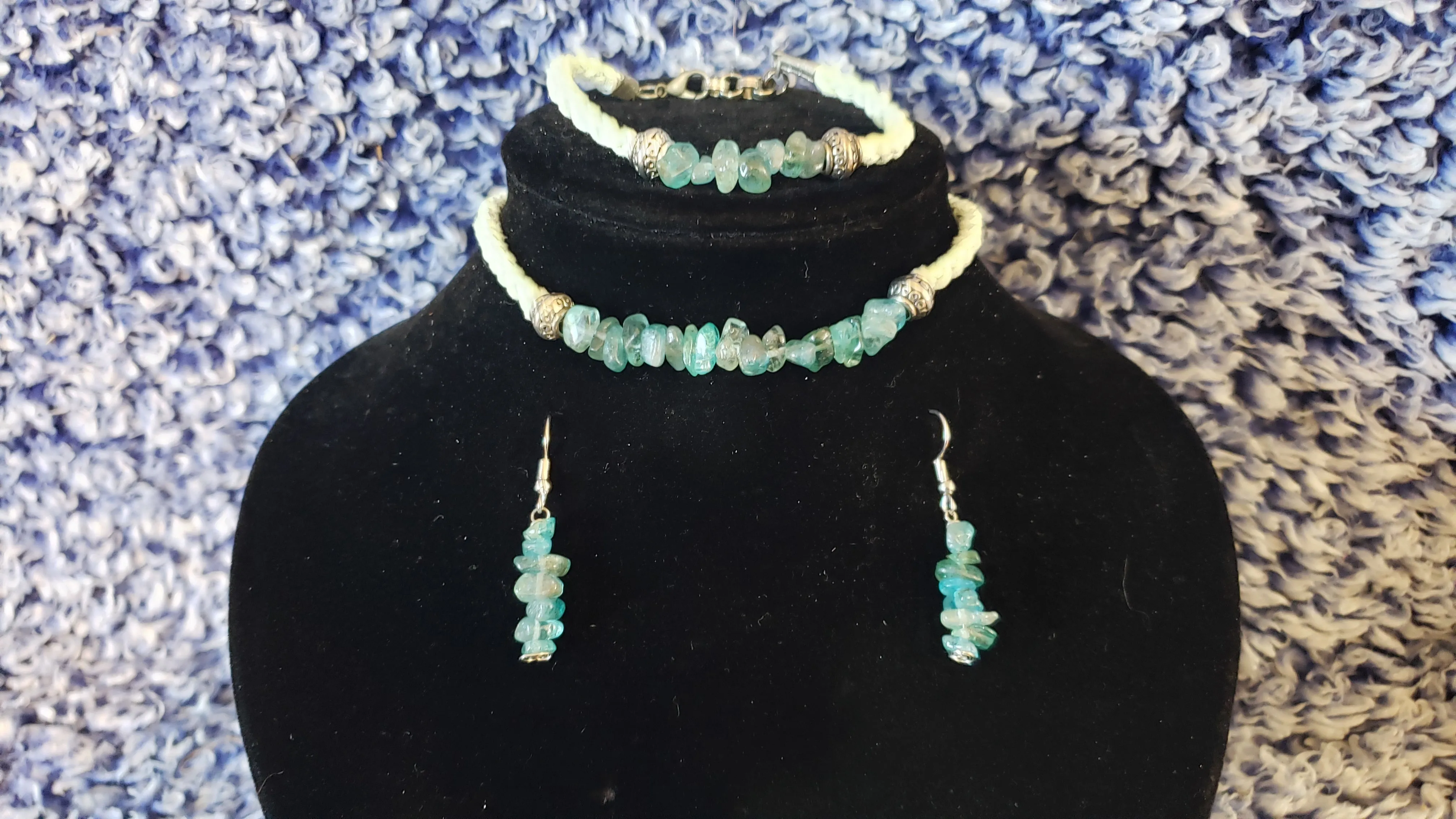 Paraiba (Neon) Apatite Gemstone & Genuine Blue Leather Set. Choker, Bracelet & Earrings. Fully adjustable with Lobster Claw Clasps