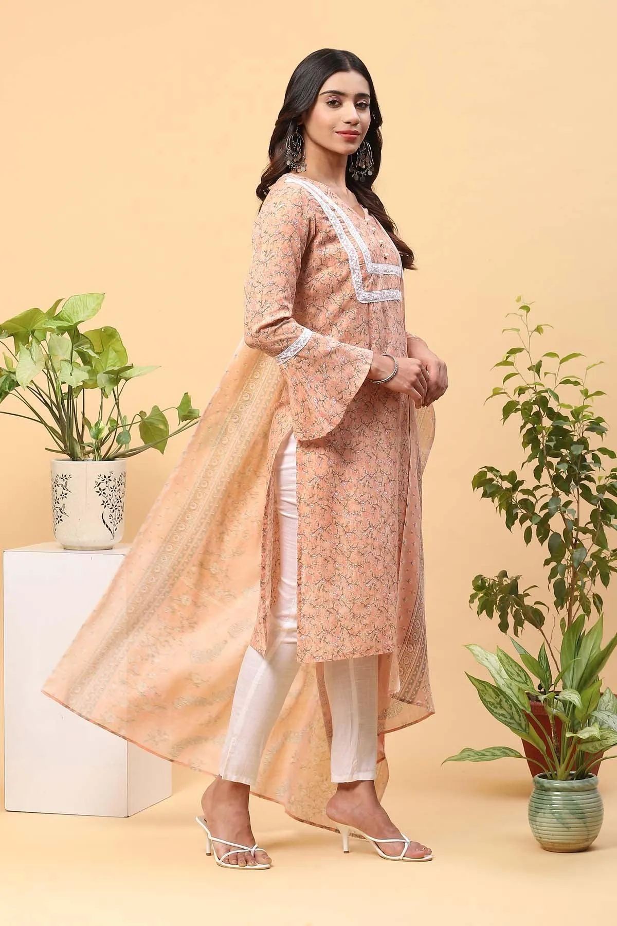 Pihu Coral Peach Digital Print Kurta Set