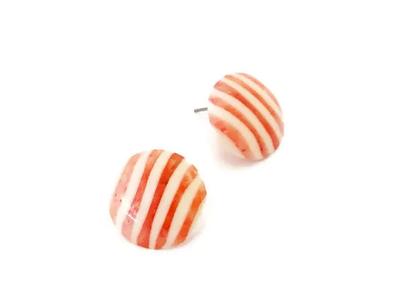 Pink & Cream Pin Stripe Lucite Disc Stud Earrings