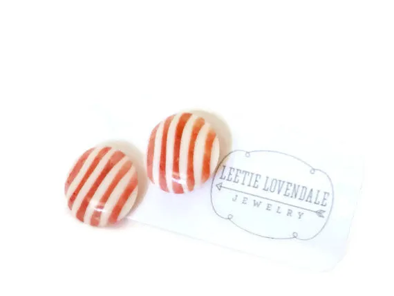 Pink & Cream Pin Stripe Lucite Disc Stud Earrings