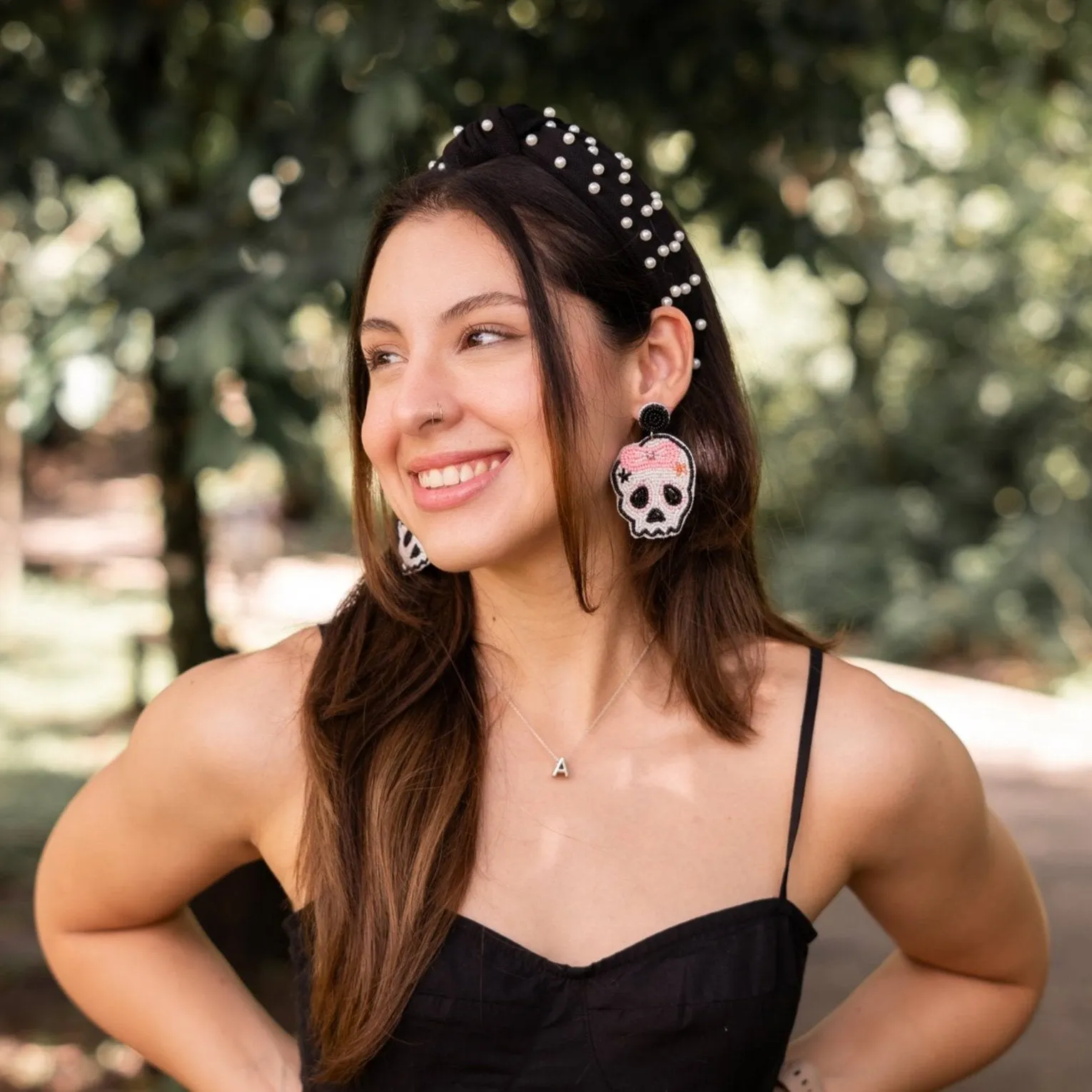 Pink Bow Skull Beaded Earrings