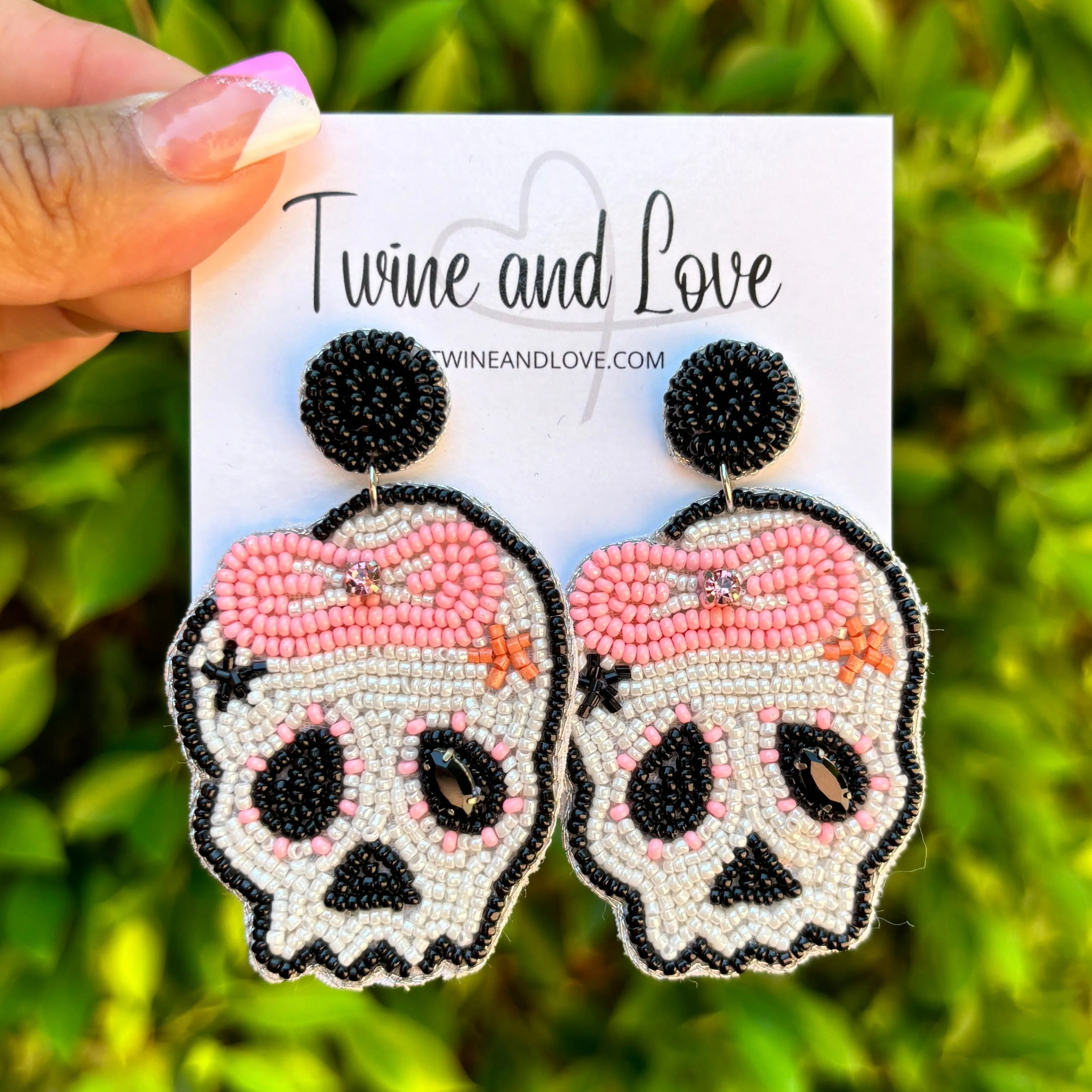 Pink Bow Skull Beaded Earrings