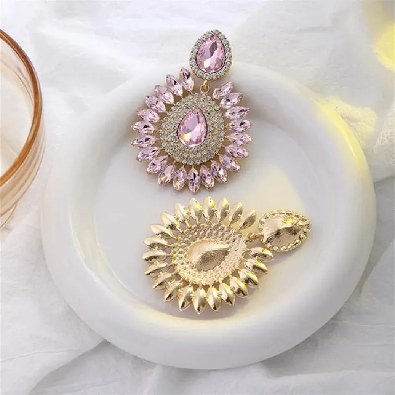 Pink Flower Crystal Rhinestone Water Drop Earrings Geometric Fashion Jewelry for Women