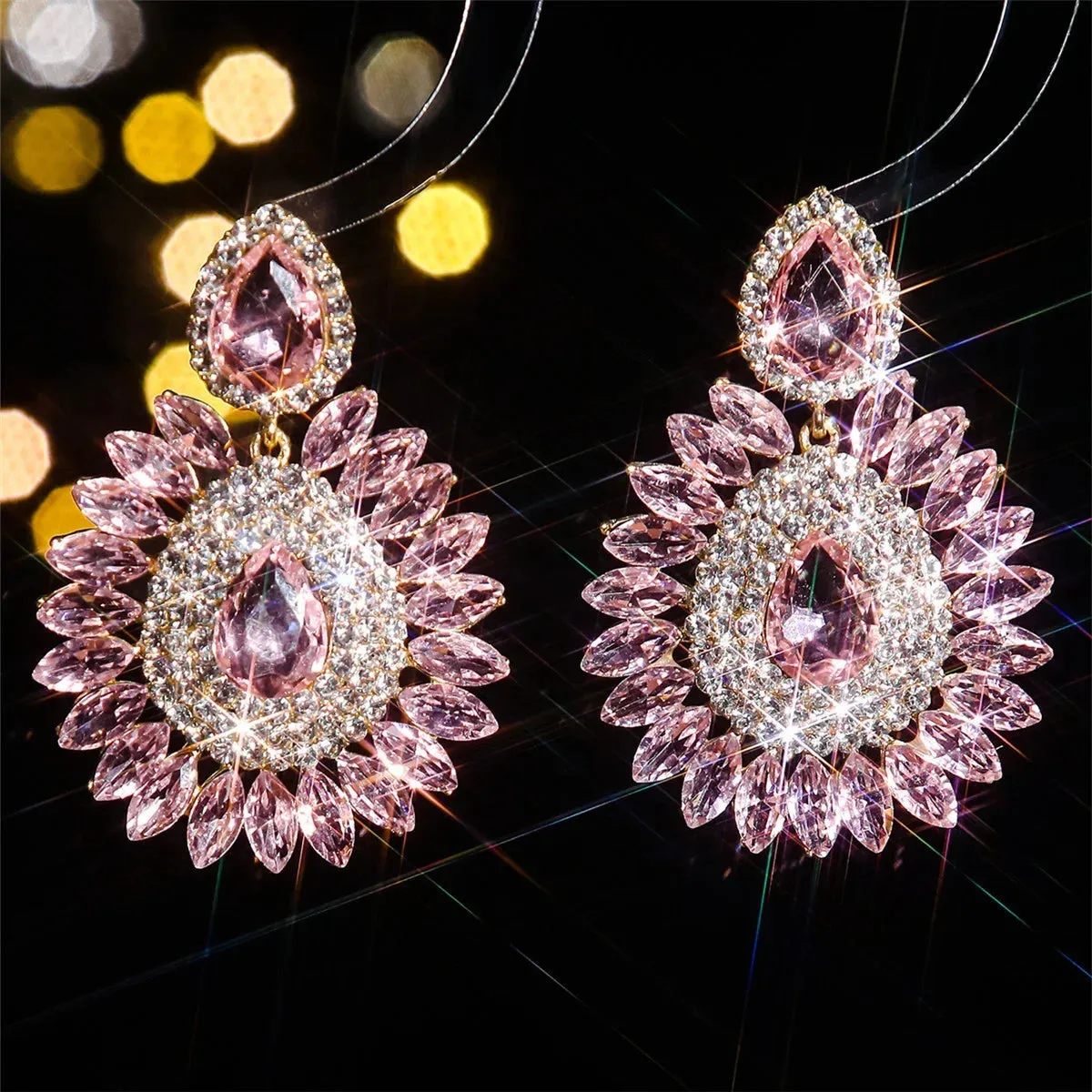 Pink Flower Crystal Rhinestone Water Drop Earrings Geometric Fashion Jewelry for Women