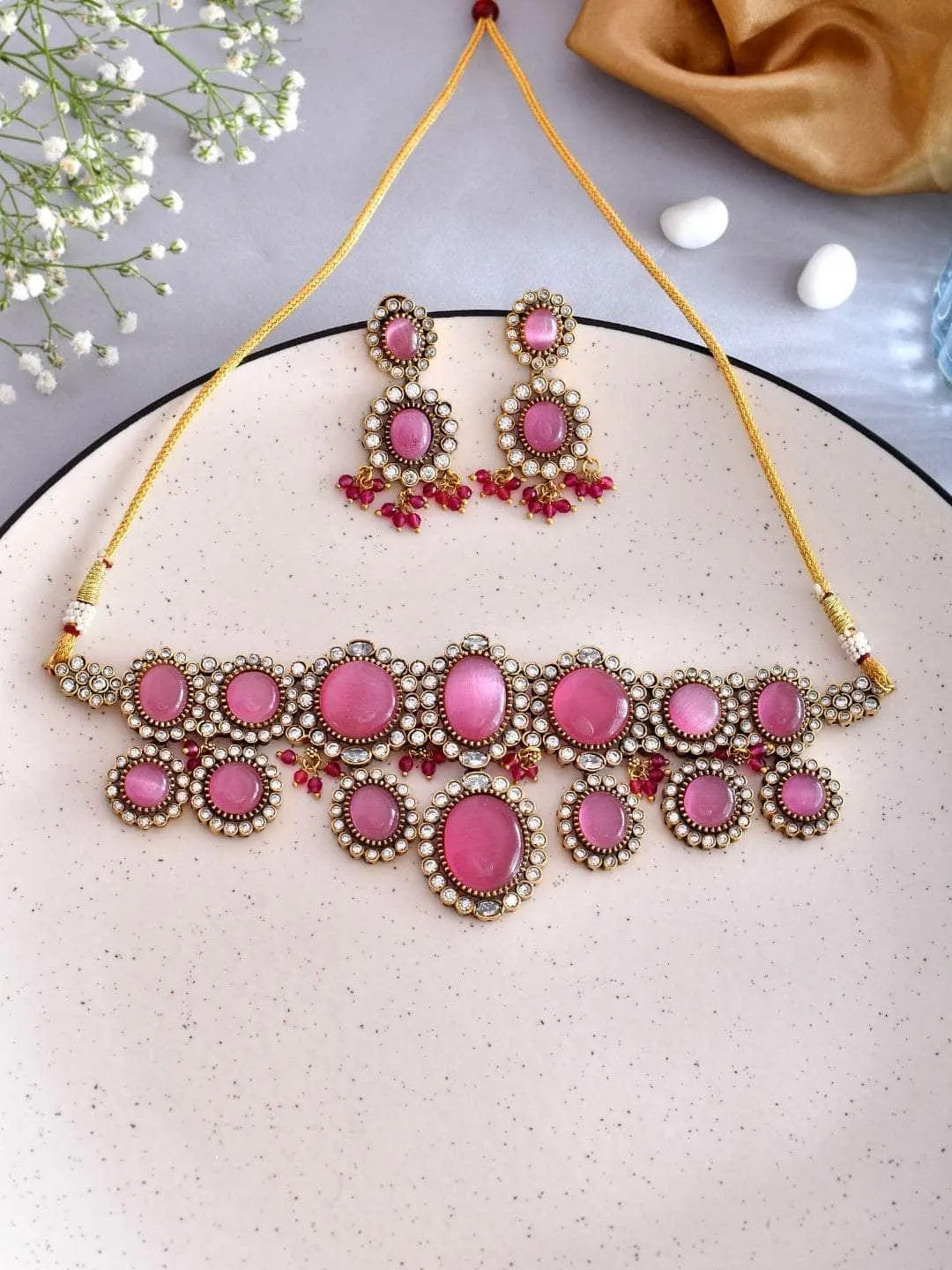 Pink Kundan Pearl Necklace Set