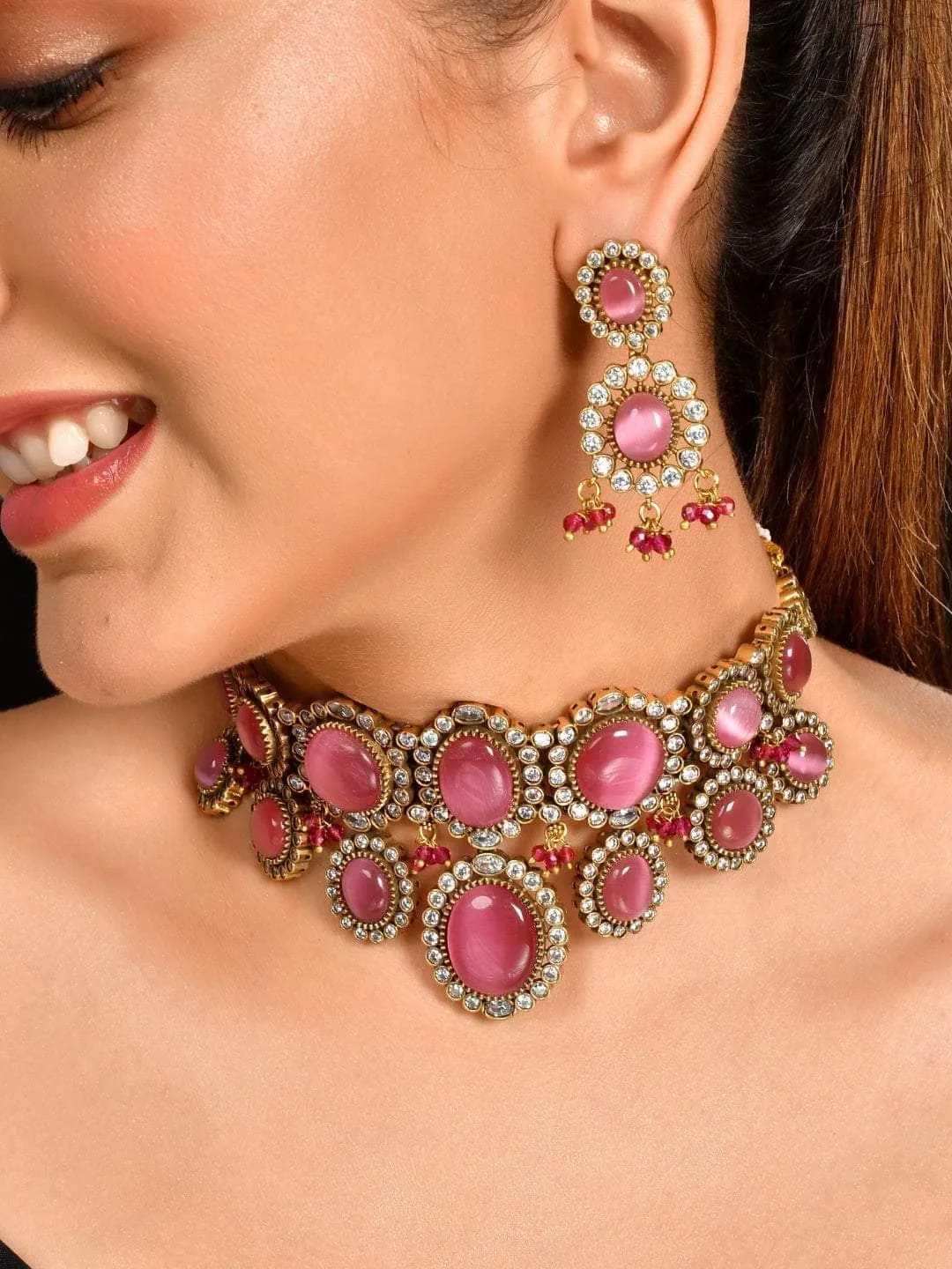 Pink Kundan Pearl Necklace Set