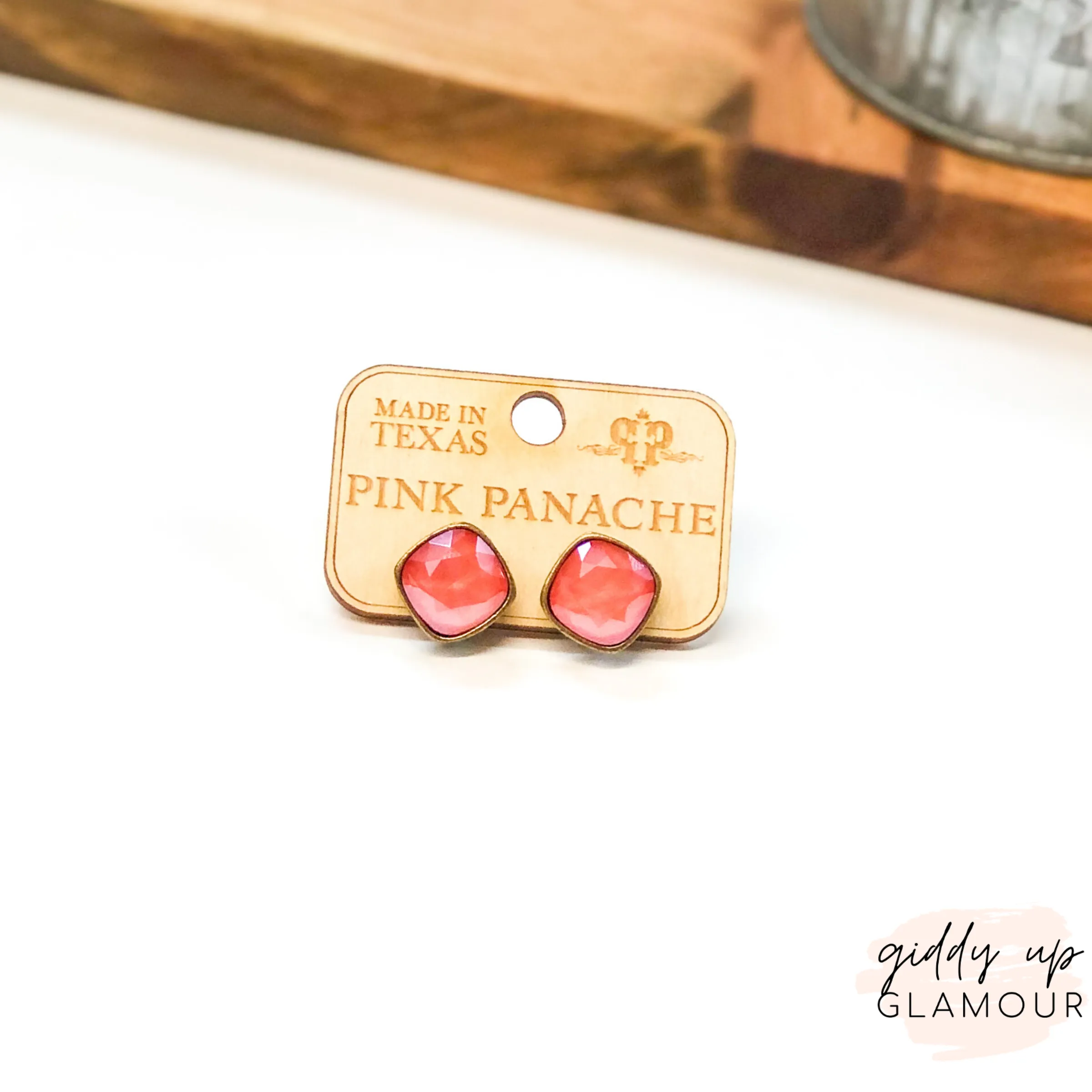 Pink Panache | Bronze Stud Earrings with Cushion Cut Crystals in Candy Coral