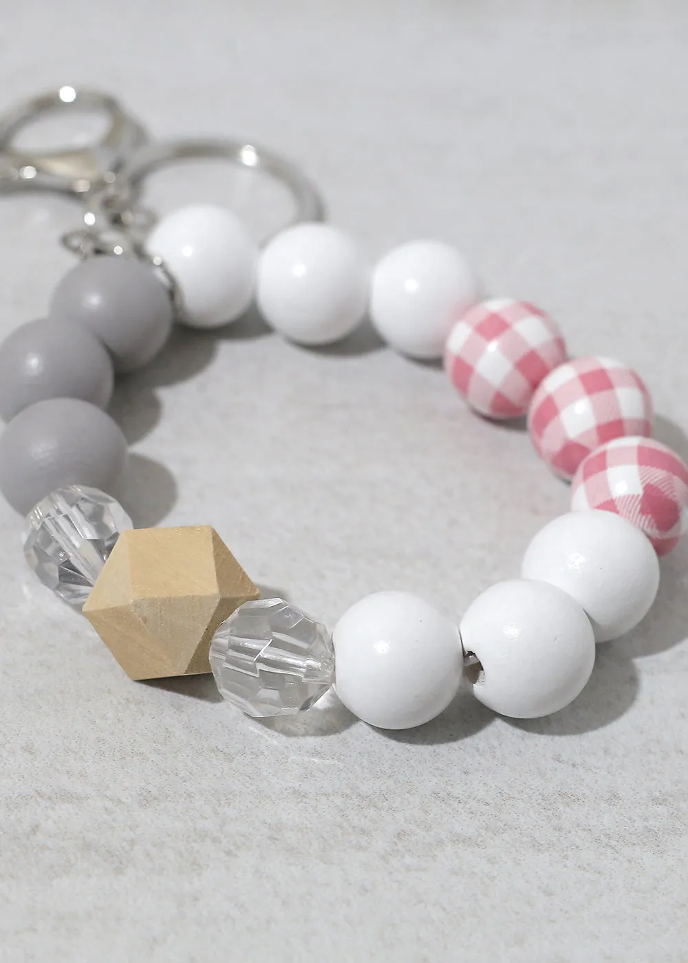 Plaid-Wood Bead Keychain Bracelet