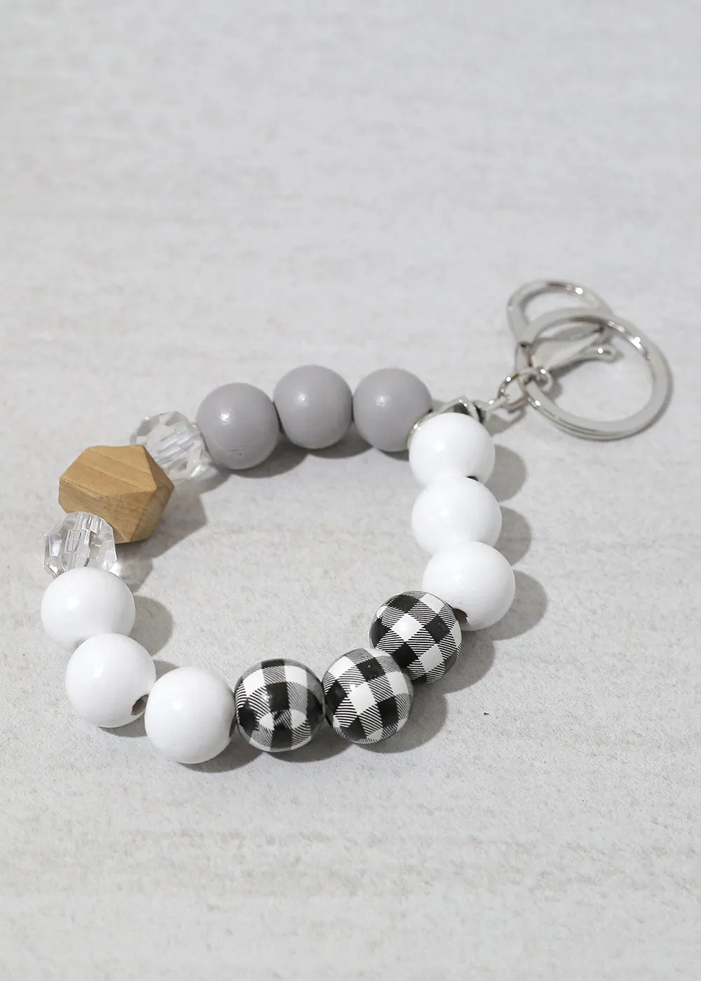 Plaid-Wood Bead Keychain Bracelet