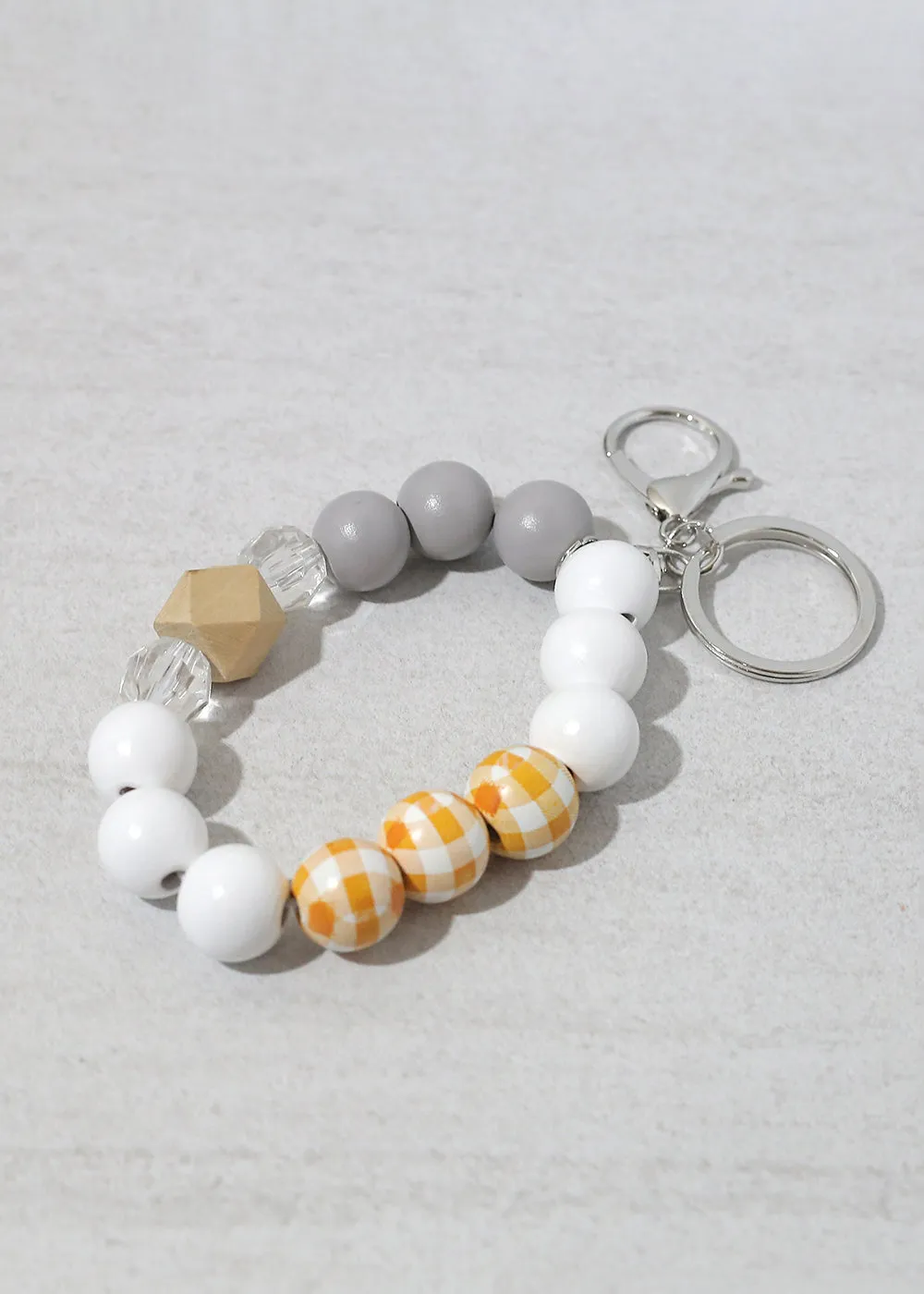 Plaid-Wood Bead Keychain Bracelet