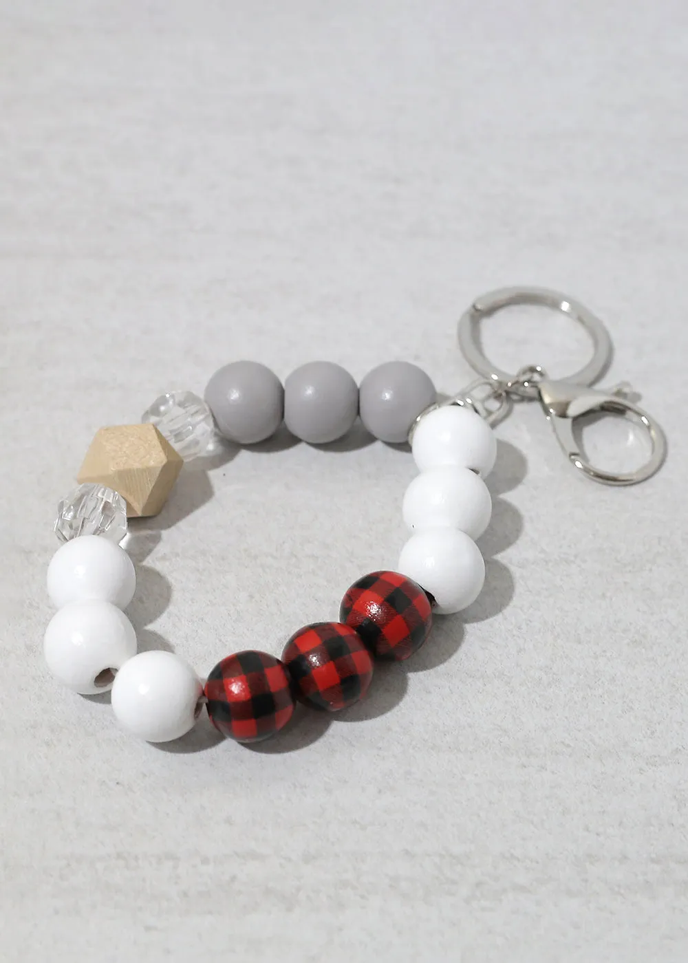 Plaid-Wood Bead Keychain Bracelet