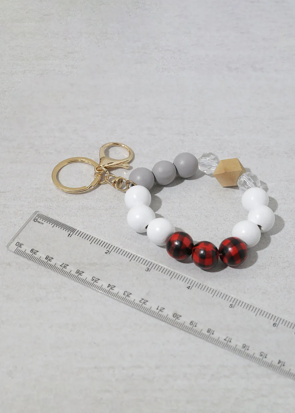 Plaid-Wood Bead Keychain Bracelet