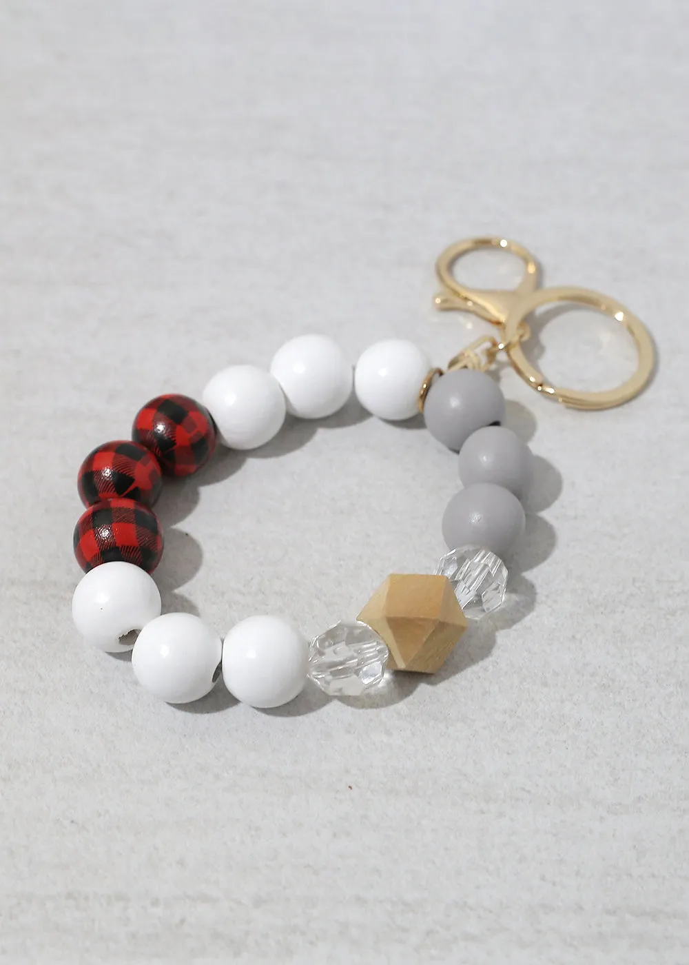 Plaid-Wood Bead Keychain Bracelet