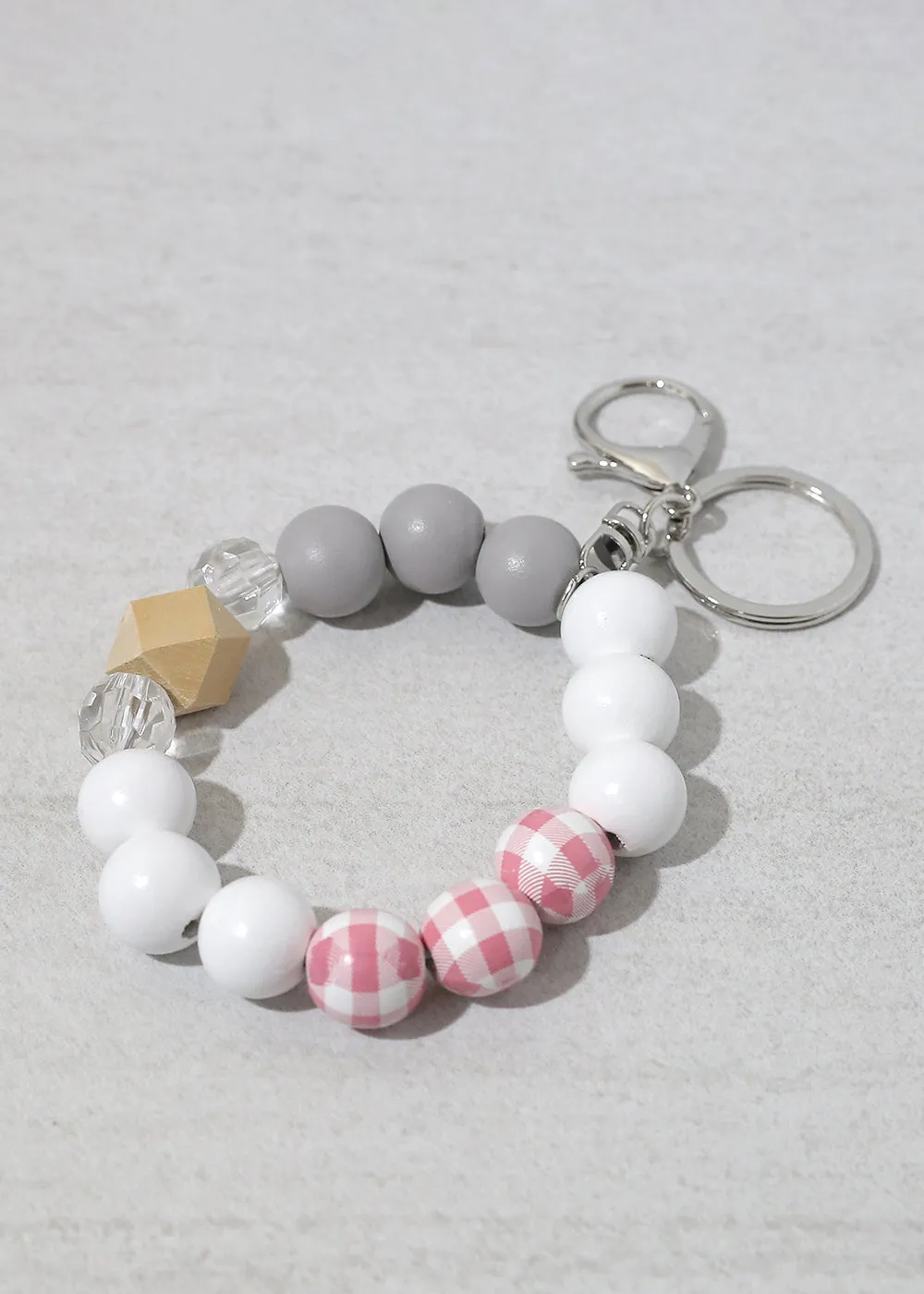 Plaid-Wood Bead Keychain Bracelet