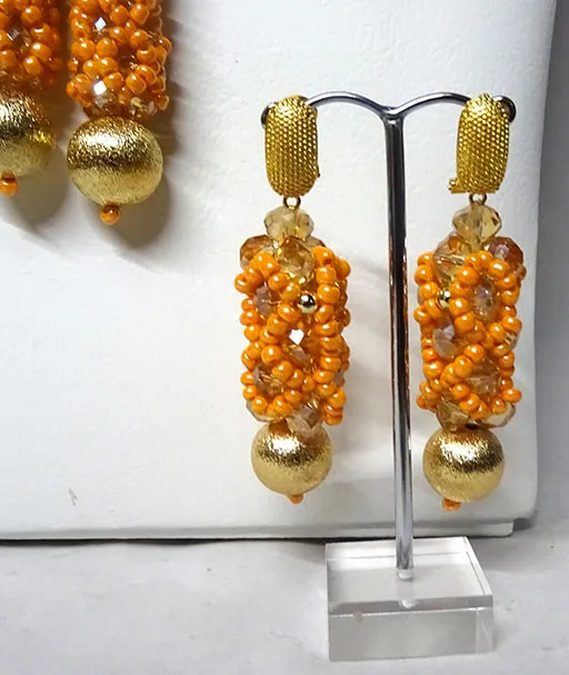 PrestigeApplause Orange with beautiful Crystal Brooch & Gold Balls African Beads Bridal Party Jewelry Set