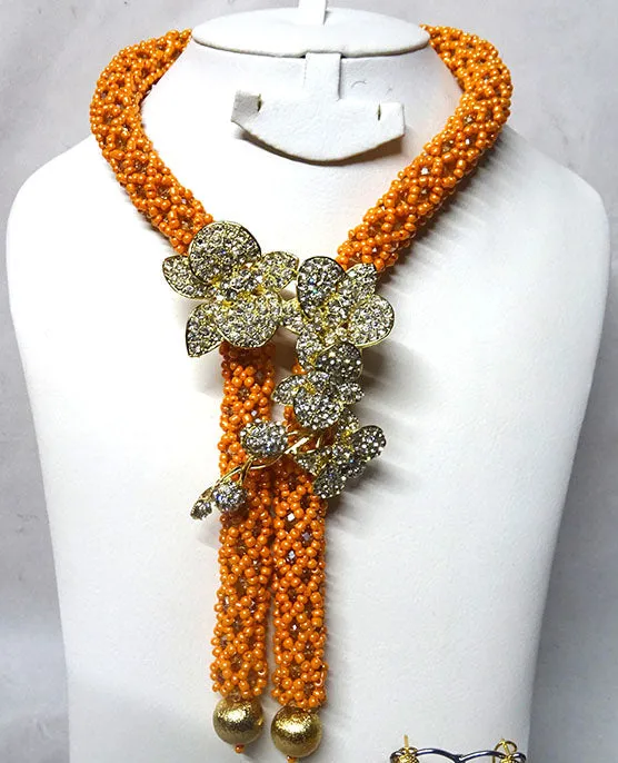 PrestigeApplause Orange with beautiful Crystal Brooch & Gold Balls African Beads Bridal Party Jewelry Set