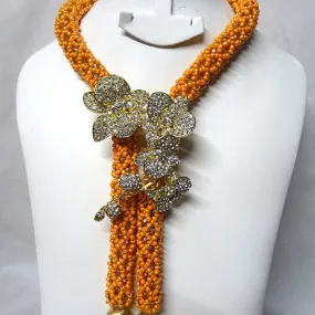 PrestigeApplause Orange with beautiful Crystal Brooch & Gold Balls African Beads Bridal Party Jewelry Set