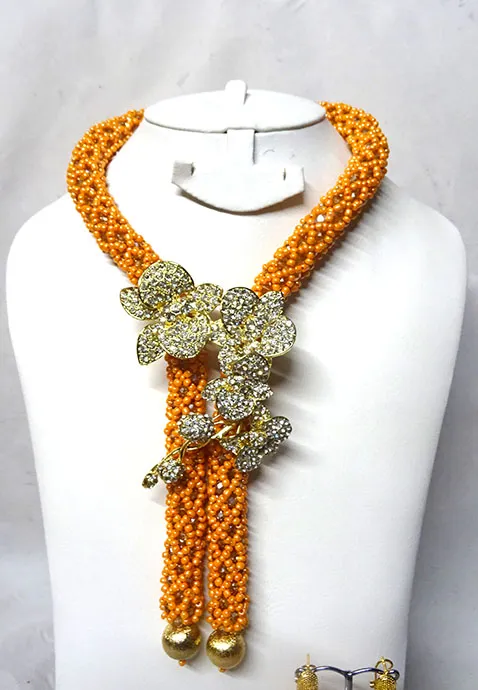 PrestigeApplause Orange with beautiful Crystal Brooch & Gold Balls African Beads Bridal Party Jewelry Set