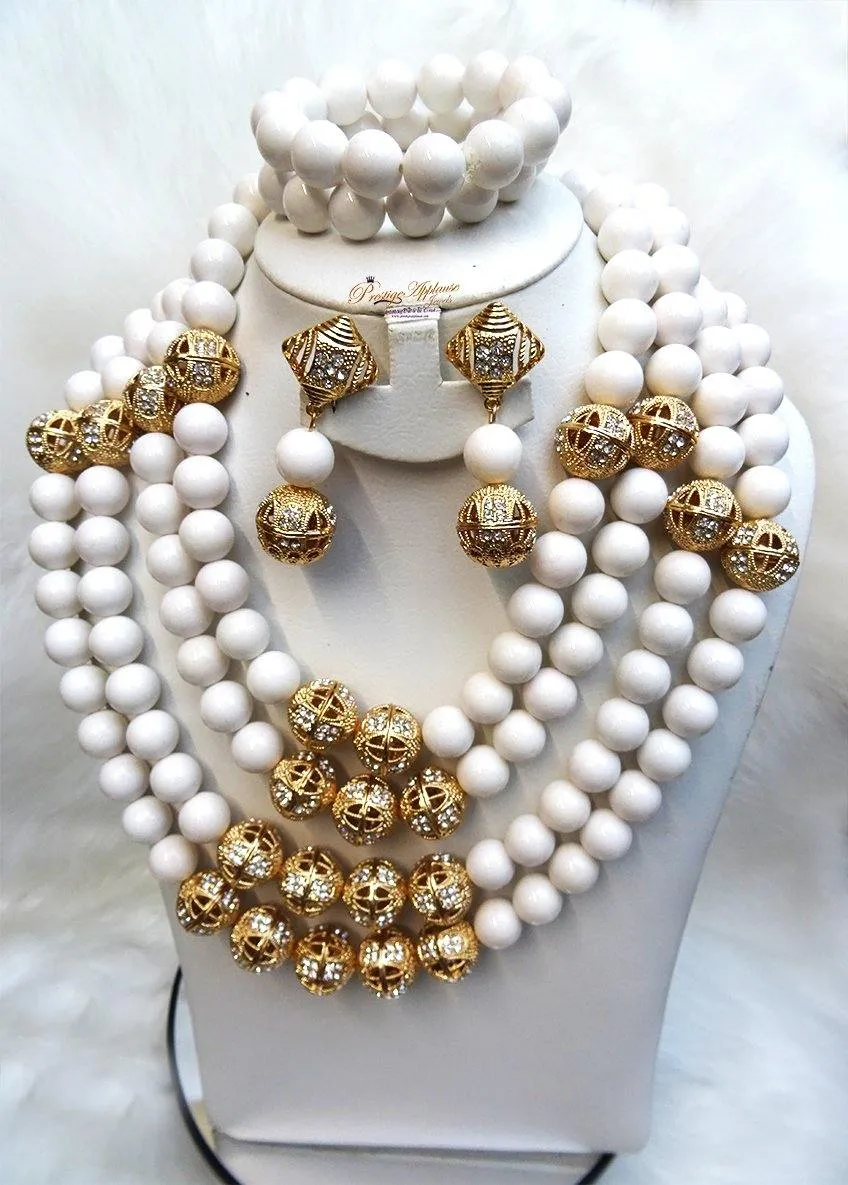 PrestigeApplause White Coral African Traditional Wedding Beads Jewelry Set 4 Layers 18mm Coral Bead with Gold Balls