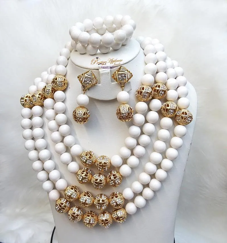 PrestigeApplause White Coral African Traditional Wedding Beads Jewelry Set 4 Layers 18mm Coral Bead with Gold Balls