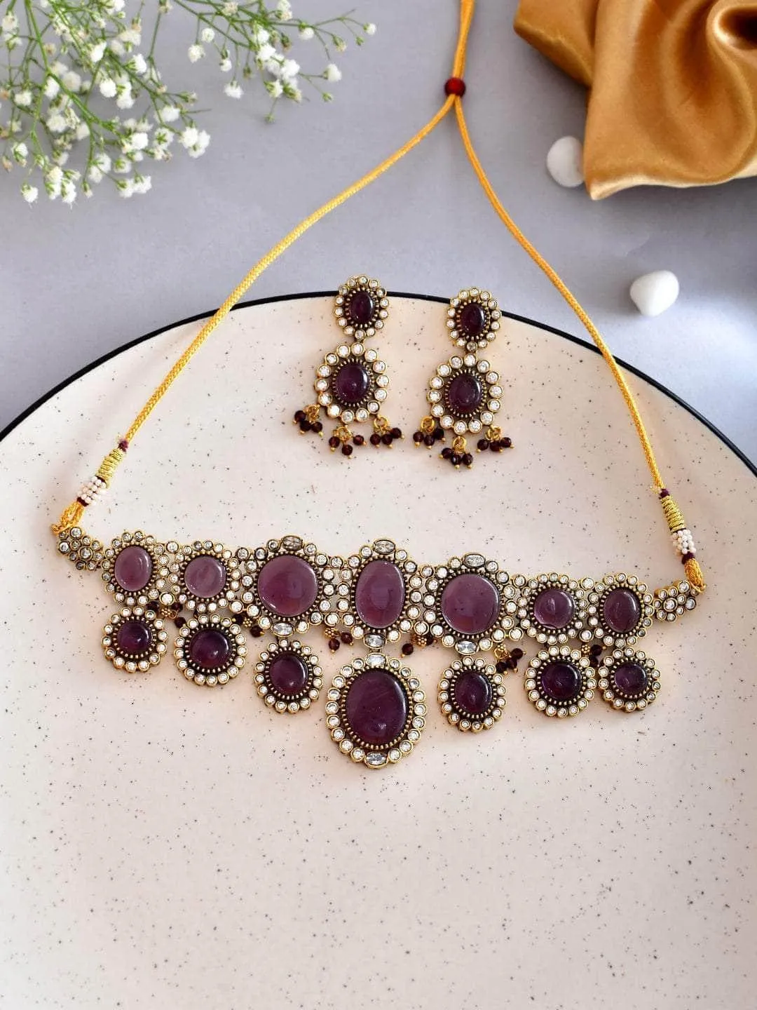 Purple Kundan Pearl Necklace Set