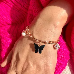 Rack Jack Rose Gold Plated Charms Bracelet Butterfly Pearl Diamond Adjustable Free Size | Birthday Gift for Girls and Women Anniversary Gift for Wife - Black