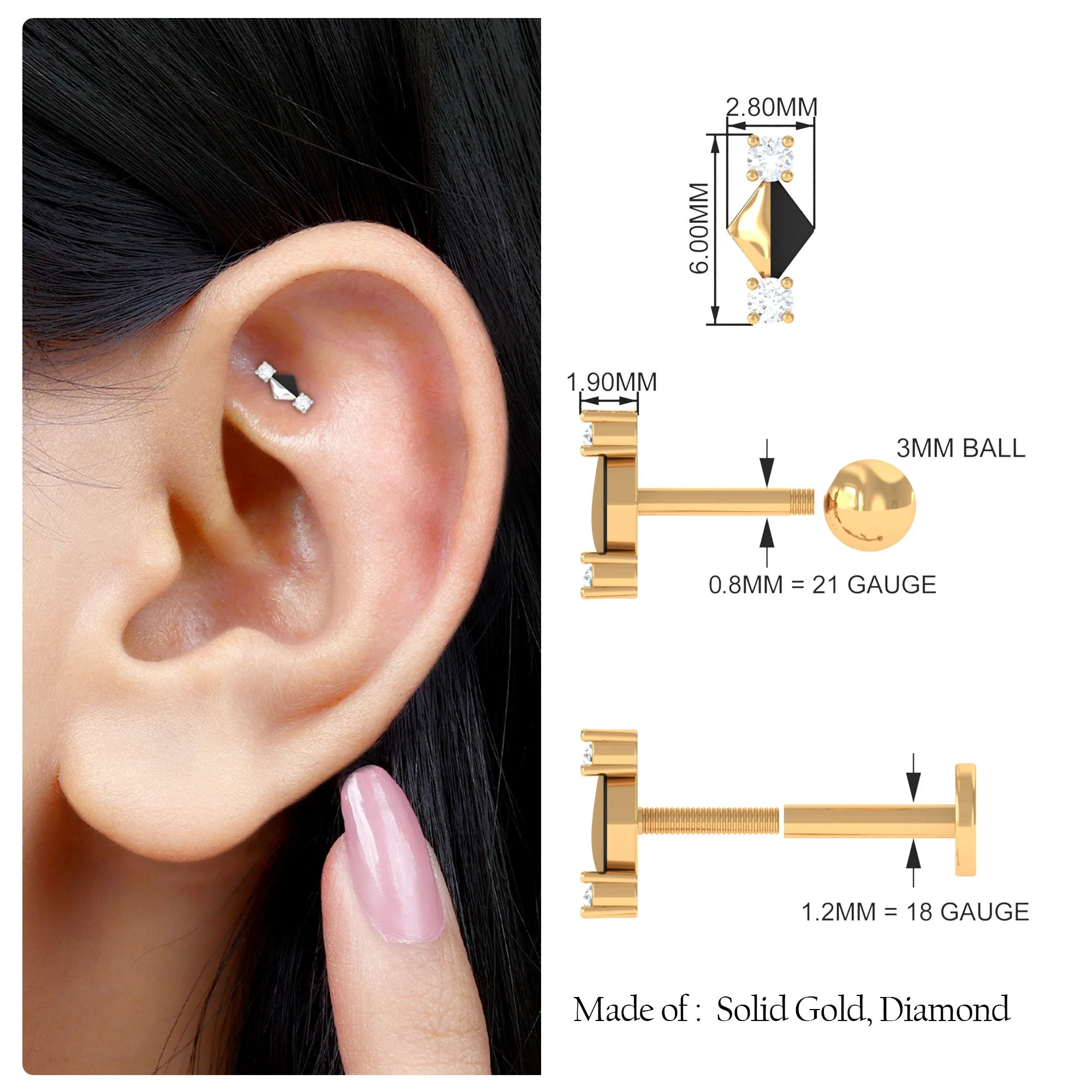 Real Diamond Quirky Tragus Earring with Black Enamel