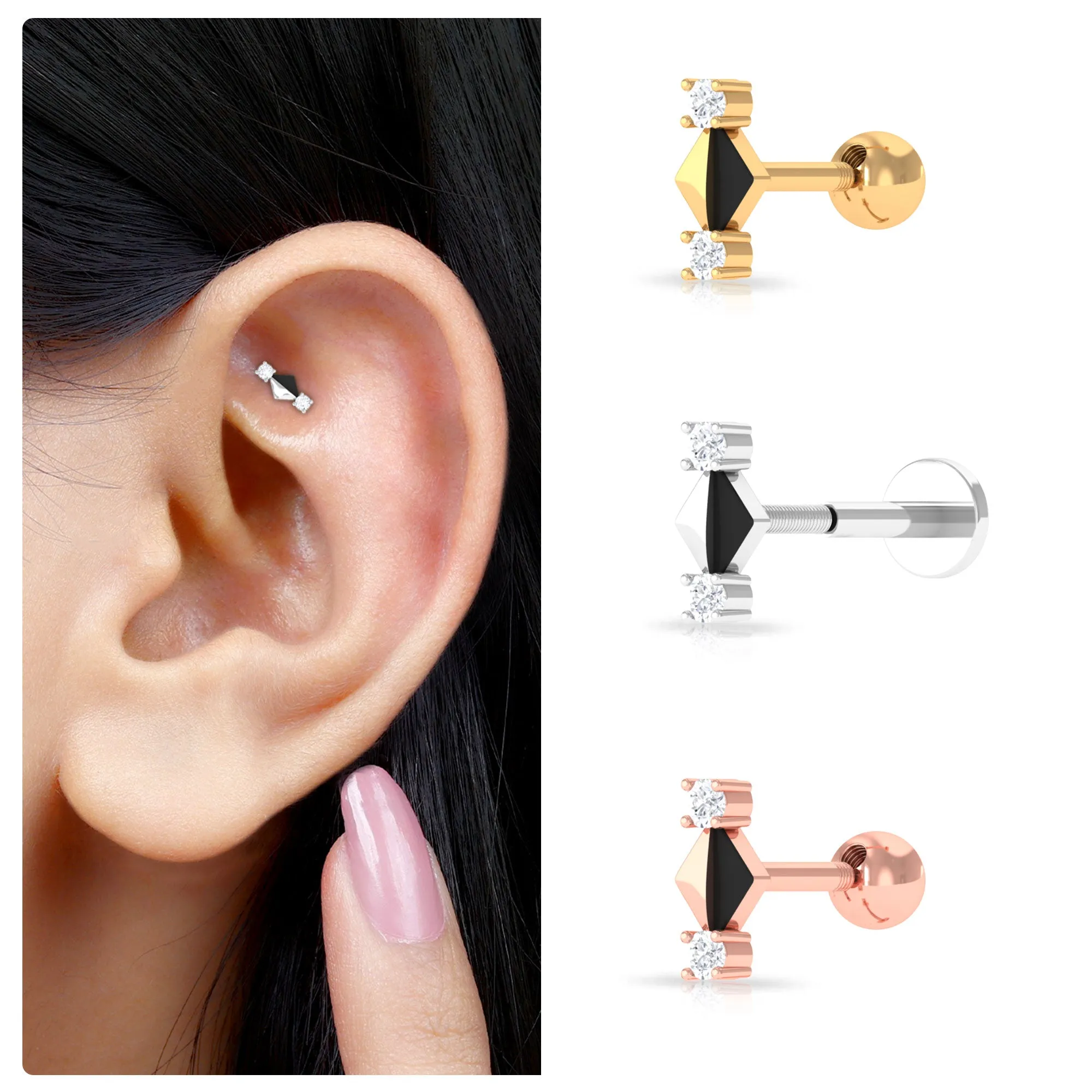 Real Diamond Quirky Tragus Earring with Black Enamel