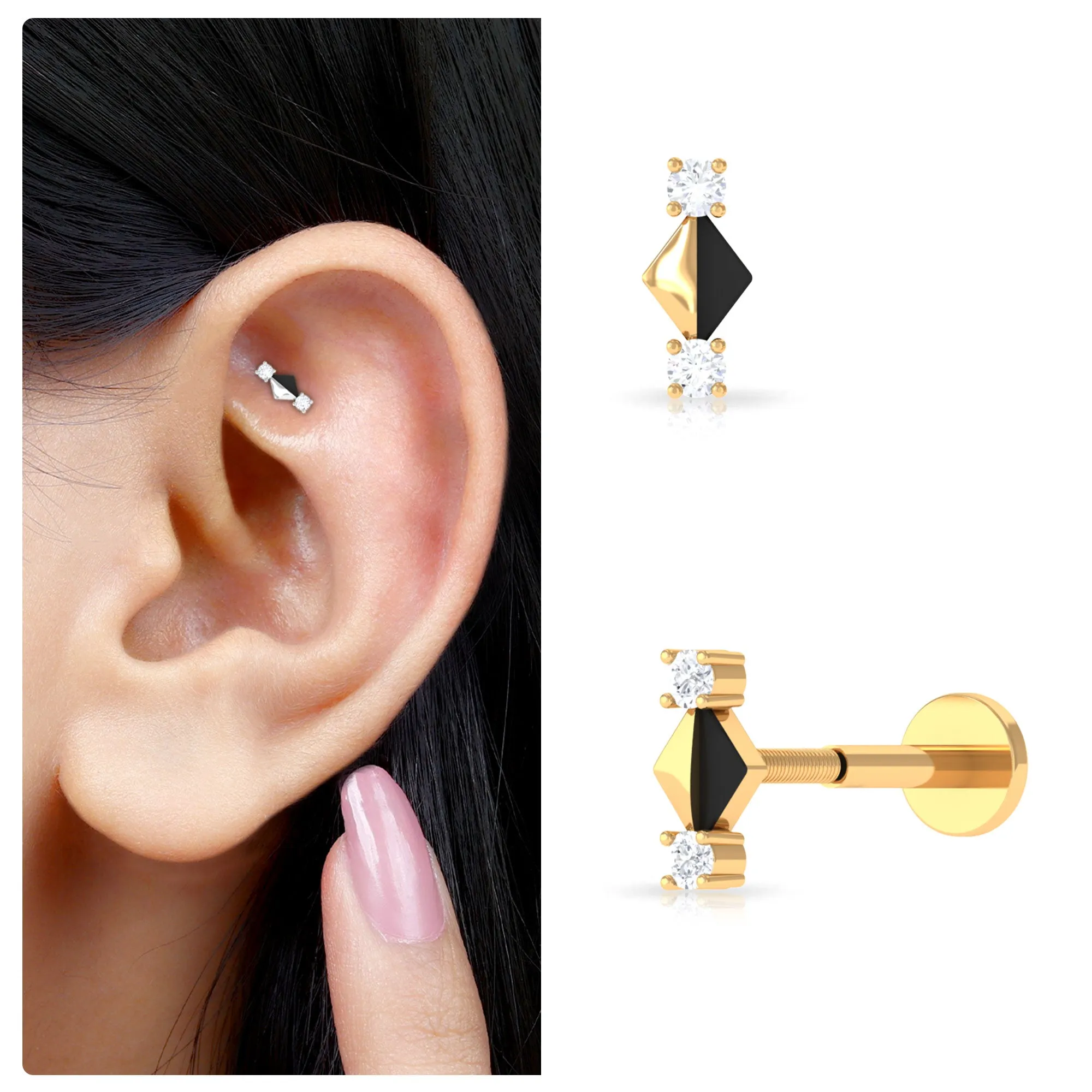 Real Diamond Quirky Tragus Earring with Black Enamel