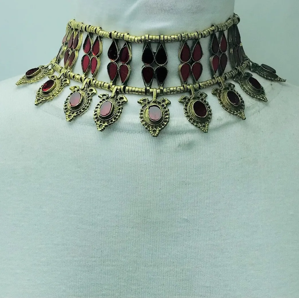 Red and Blue Glass Stones Collar Choker Necklace