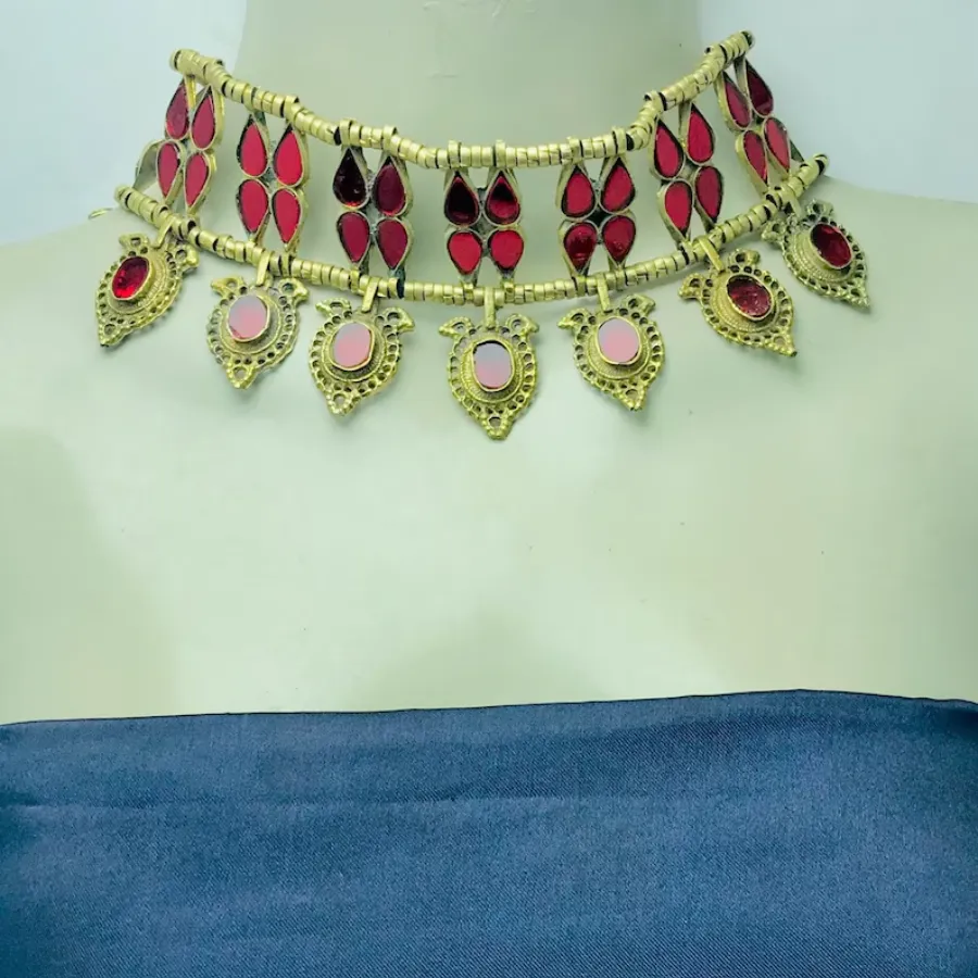 Red and Blue Glass Stones Collar Choker Necklace