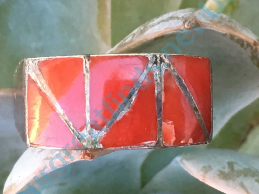 Red Coral Channel Inlay Ring Sterling Silver Size: 6.25