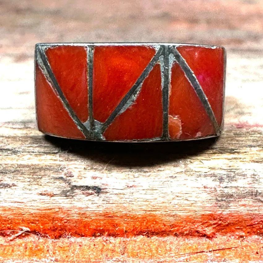 Red Coral Channel Inlay Ring Sterling Silver Size: 6.25