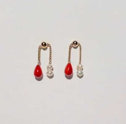 Red Coral Earrings with Two Freshwater White Pearls