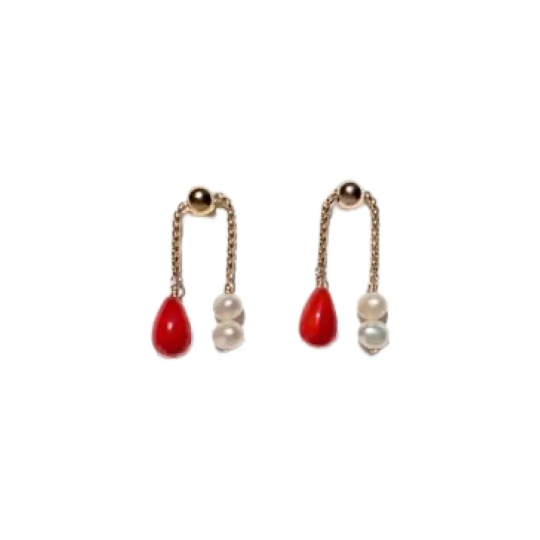 Red Coral Earrings with Two Freshwater White Pearls