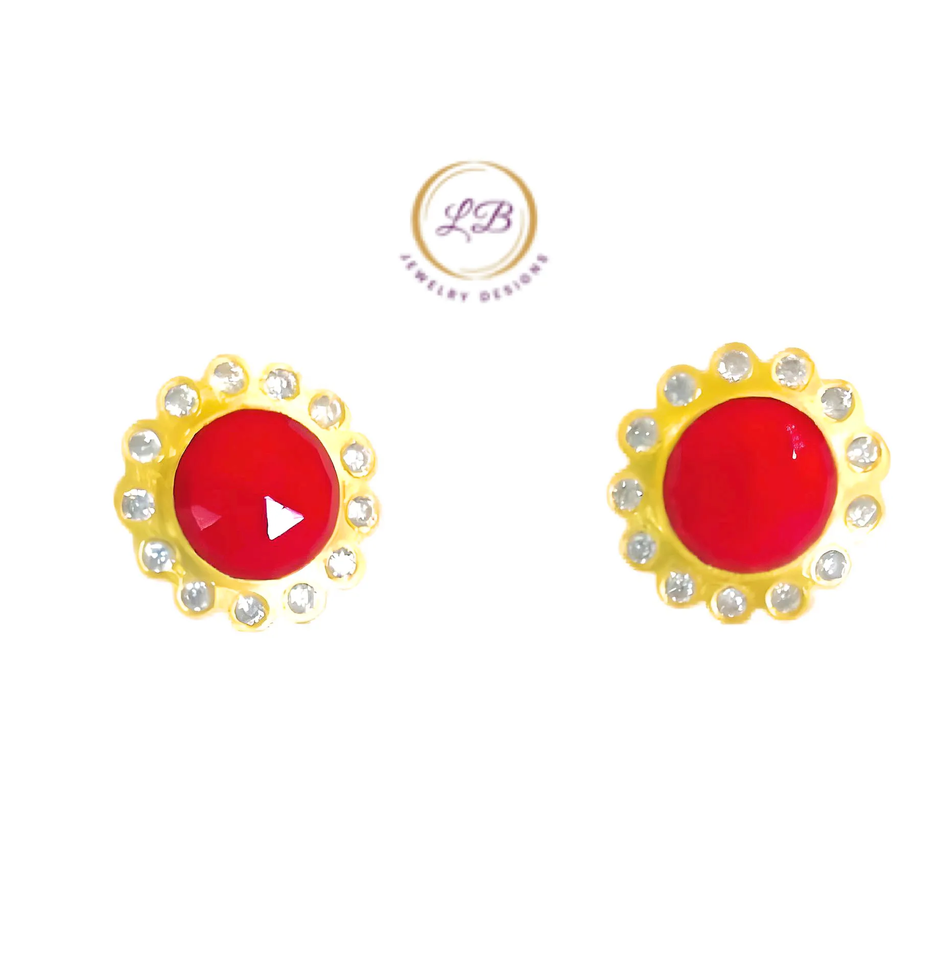 Red Coral Gemstone Gold Stud Earrings