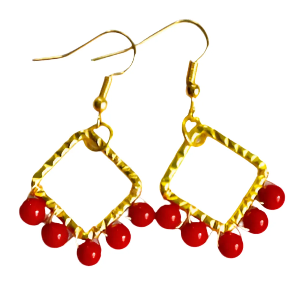 Red Coral Gold Wire-Wrapped Dangle Earrings