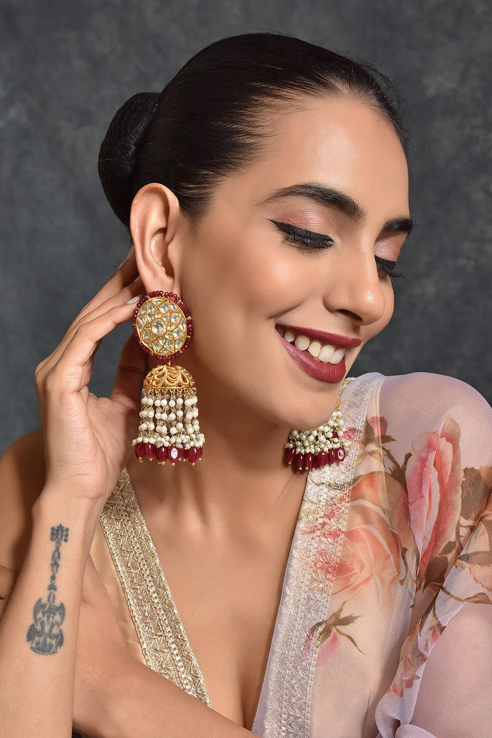 Red Gold Tone Kundan Earrings with Pearls