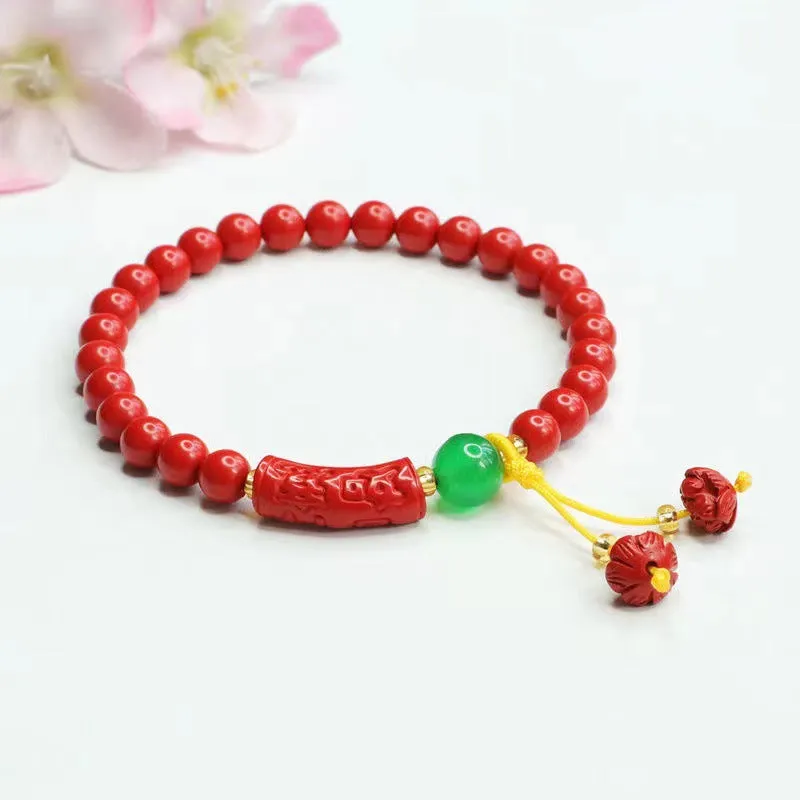 Red Lotus Cinnabar Bracelet with Sterling Silver Beads