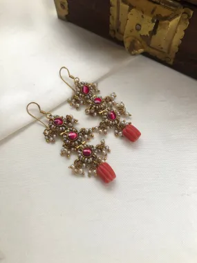 Ruby pearls with coral bead earrings