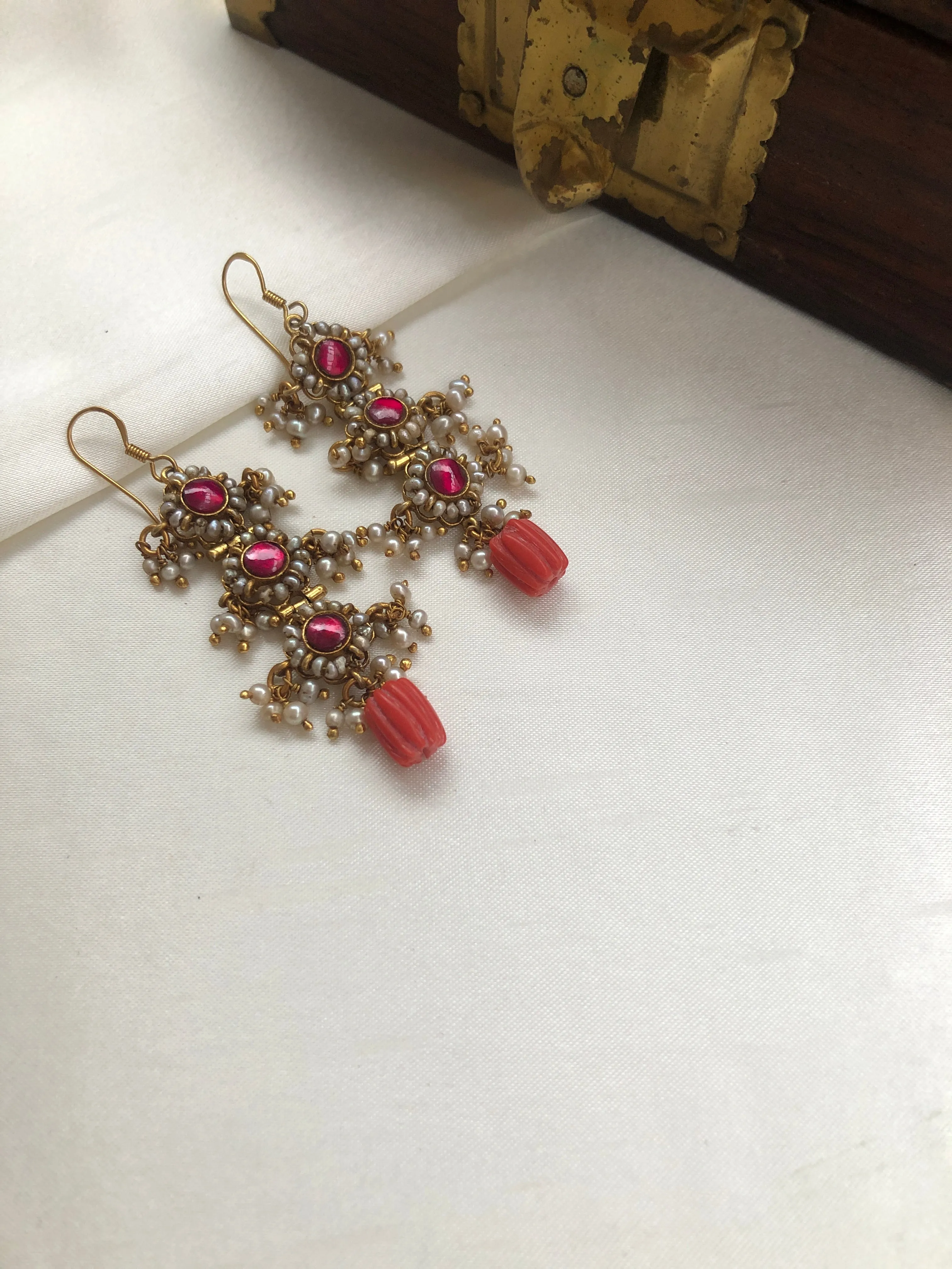 Ruby pearls with coral bead earrings