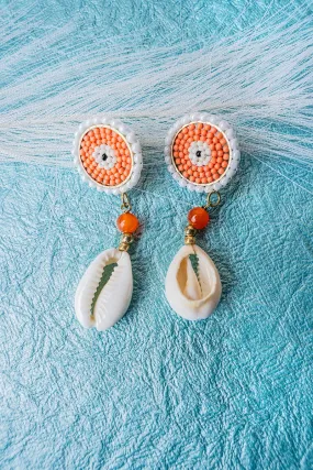 SALE! Coral Seed Bead Cowrie Shell Drop Earrings