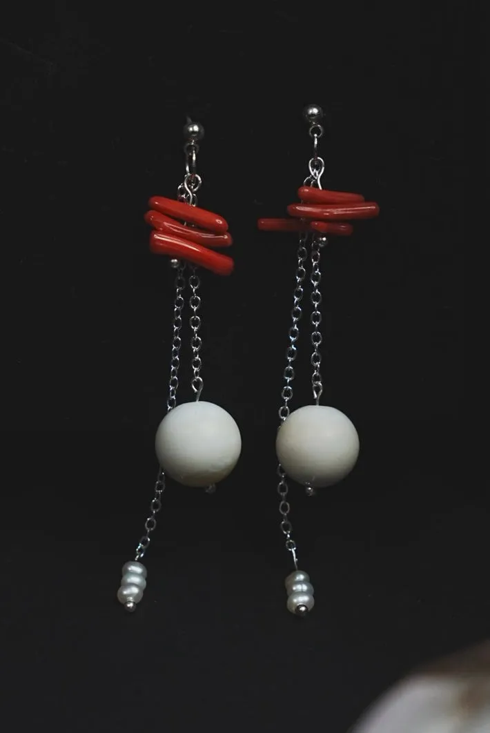 “Sea, The World”, Drop Earrings, Coral, Giant Clamshell Bead, Pearl