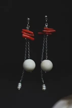 “Sea, The World”, Drop Earrings, Coral, Giant Clamshell Bead, Pearl